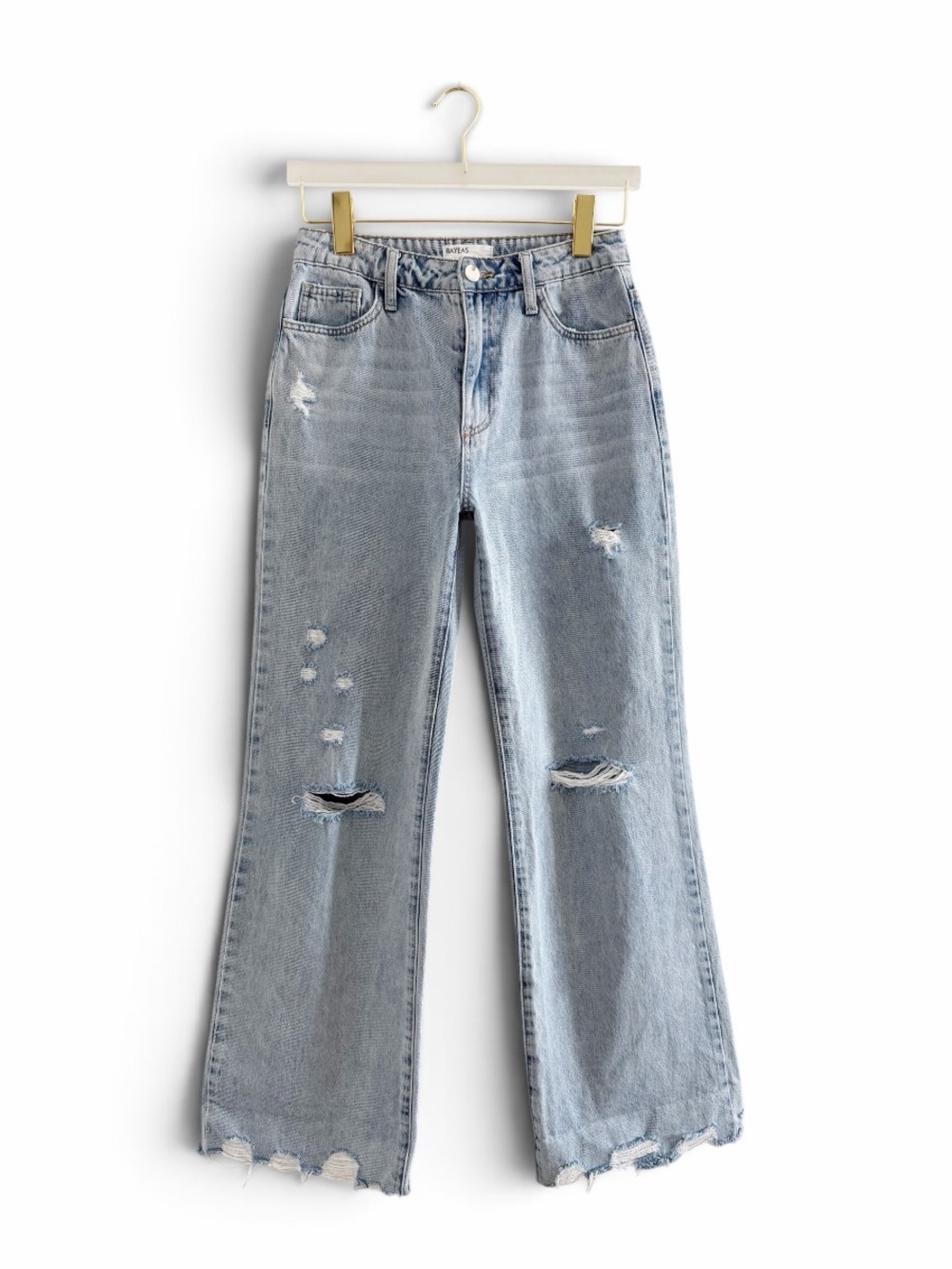 NEW BAYEAS High Rise Distressed Wide Leg Jean in Light blue Wash Raw Hem Size 26